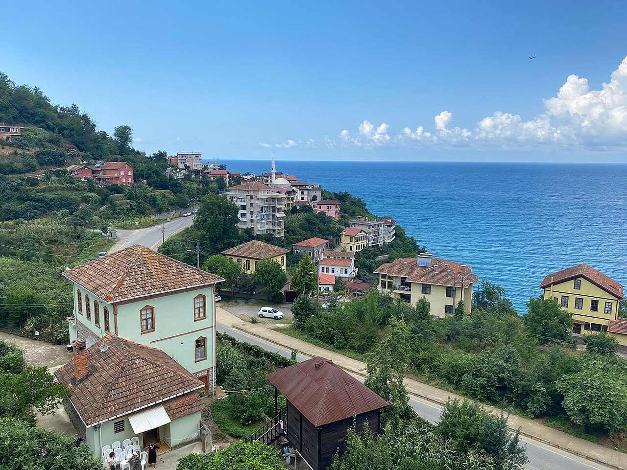 Houses on a green slope above the Black Sea in Araklı, Trabzon