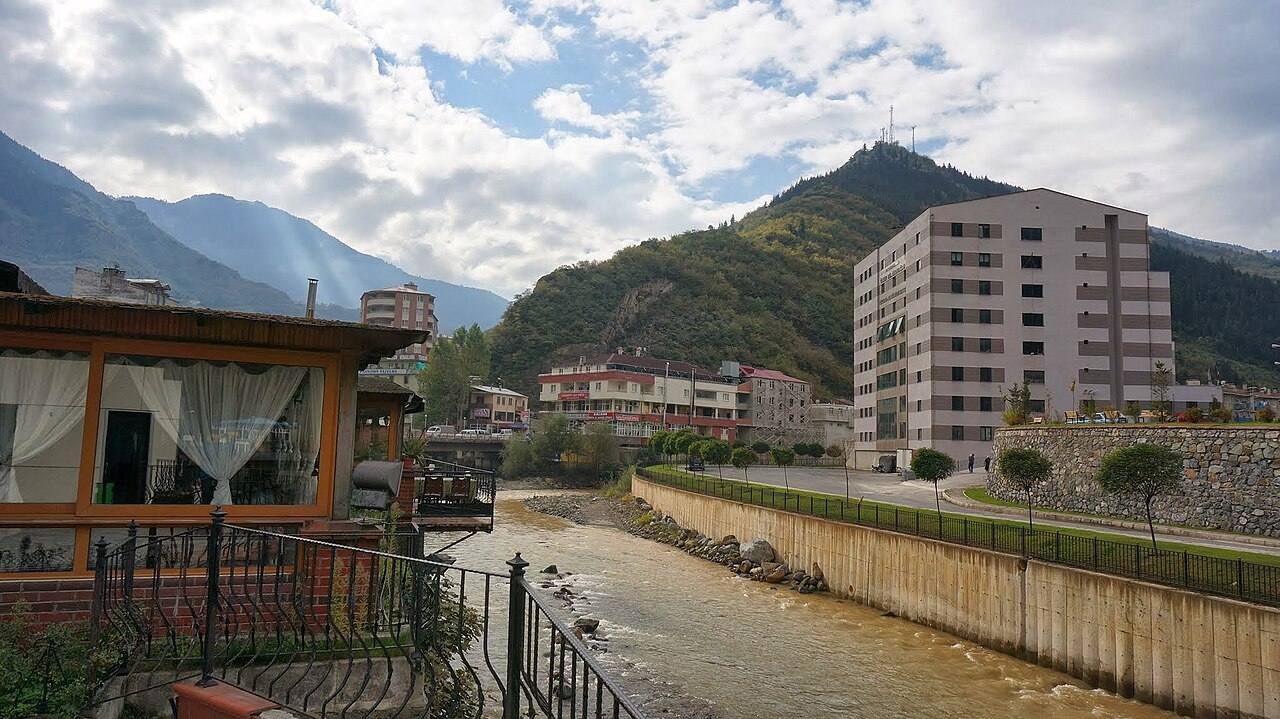 River, buildings and hills in Maçka town centre, Trabzon